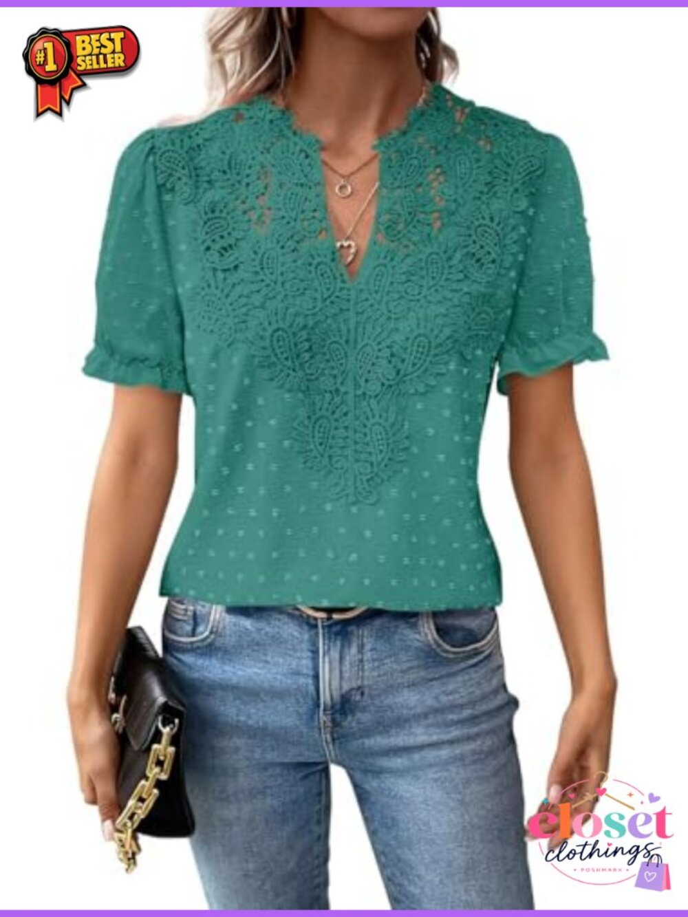 Womens V Neck Short Sleeve Boho Chiffon Blouse Lace Hem Flowy Tunic Top